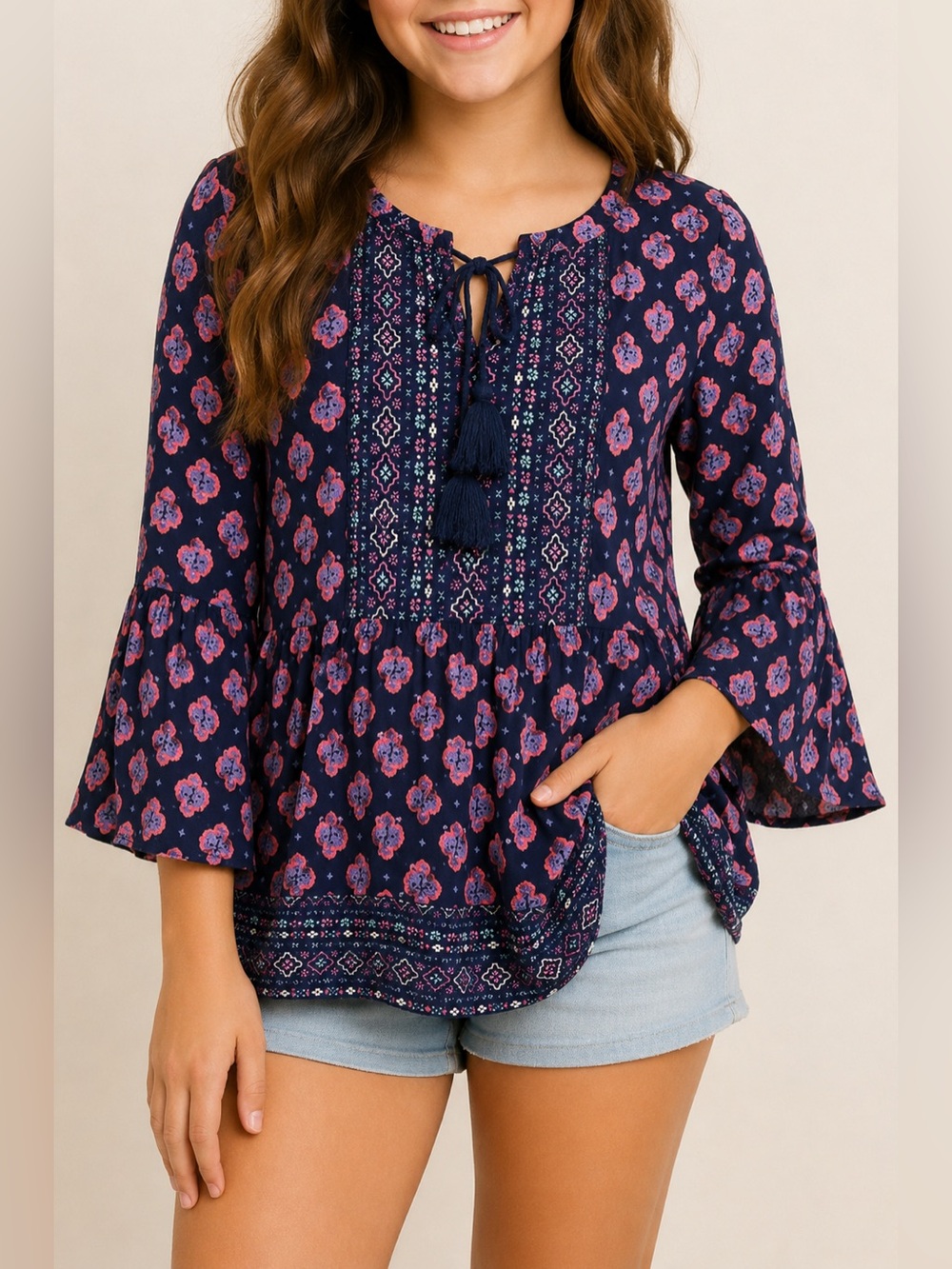 Arizona Jean Co Girls 14 L Boho Peasant Blouse Navy Pink Bell Sleeve Tassel